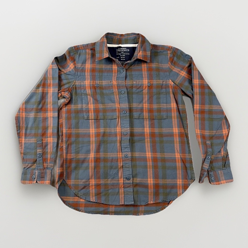 REI Cooperative Plaid Button Down Shirt Womens Small Blue Orange Cotton Flannel